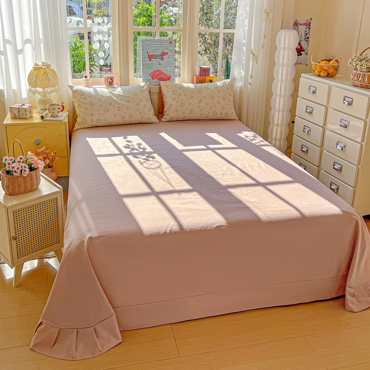 91家纺网 家纺一手货源 找家纺 弗苓家纺 2026新款古法水洗仿棉云感纱四件套小布袋 烟花星语