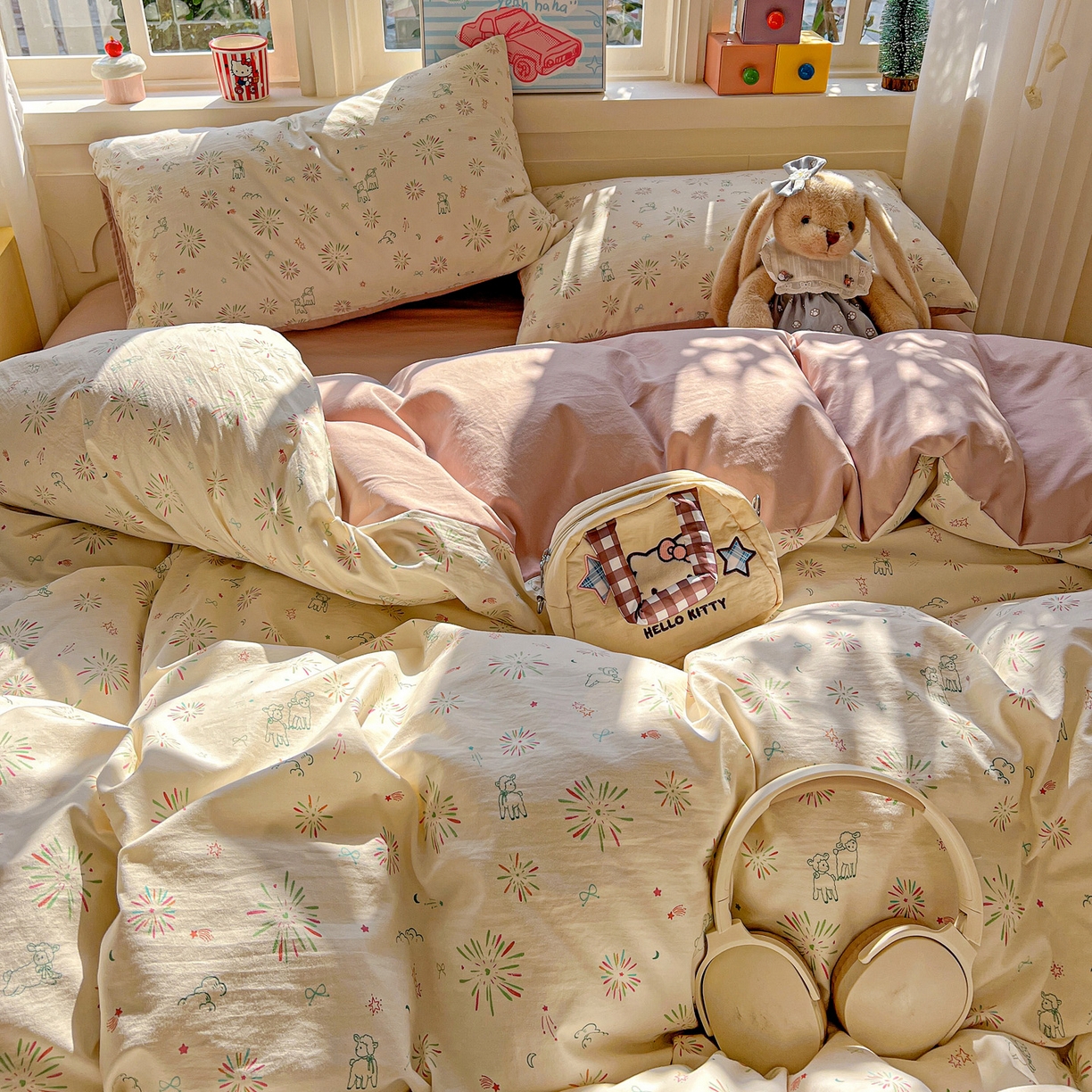 91家纺网 家纺一手货源 找家纺 弗苓家纺 2026新款古法水洗仿棉云感纱四件套小布袋 烟花星语