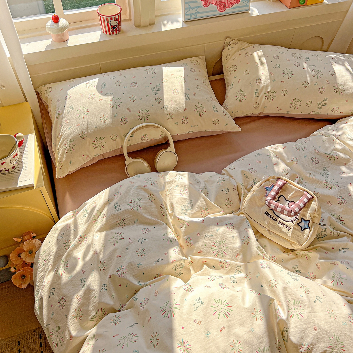 91家纺网 家纺一手货源 找家纺 弗苓家纺 2026新款古法水洗仿棉云感纱四件套小布袋 烟花星语