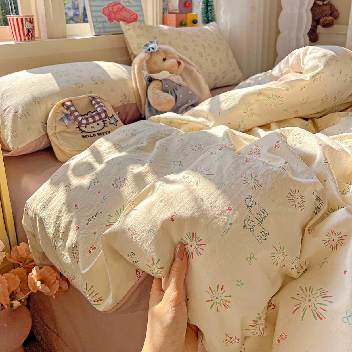 91家纺网 家纺一手货源 找家纺 弗苓家纺 2026新款古法水洗仿棉云感纱四件套小布袋 烟花星语