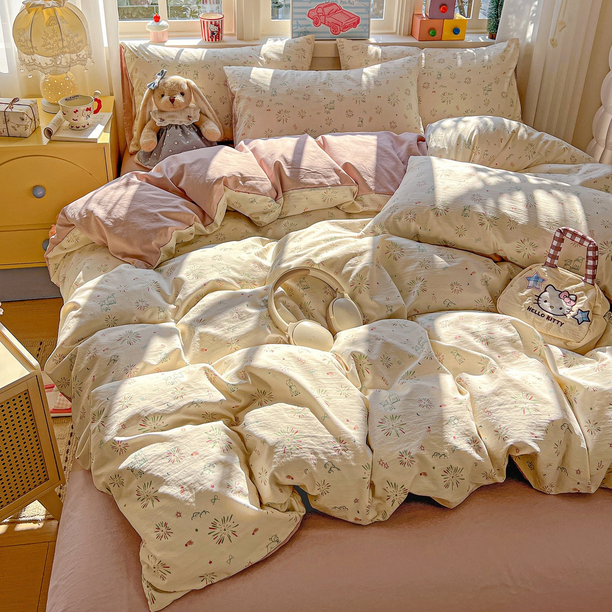 91家纺网 家纺一手货源 找家纺 弗苓家纺 2026新款古法水洗仿棉云感纱四件套小布袋 烟花星语