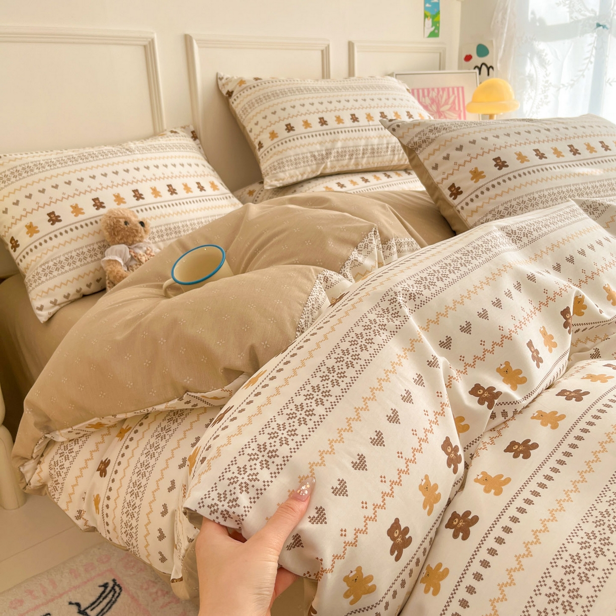 西引力 2026新款40S全棉斜纹印花四件套 费尔岛小熊