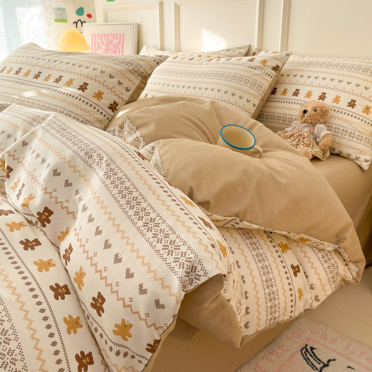 91家纺网 家纺一手货源 找家纺 西引力 2026新款40S全棉斜纹印花四件套 费尔岛小熊