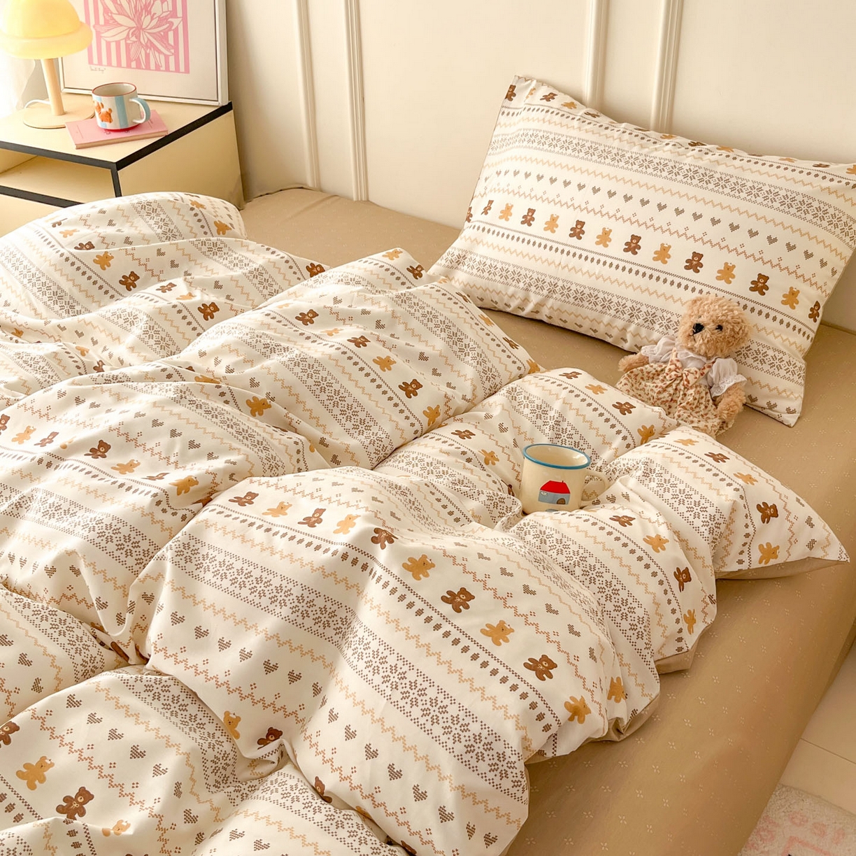 91家纺网 家纺一手货源 找家纺 西引力 2026新款40S全棉斜纹印花四件套 费尔岛小熊