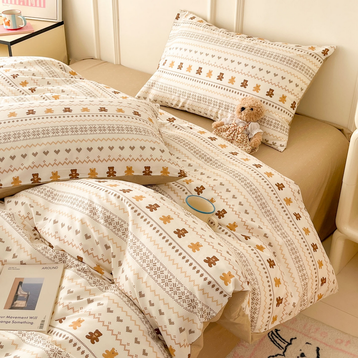 91家纺网 家纺一手货源 找家纺 西引力 2026新款40S全棉斜纹印花四件套 费尔岛小熊