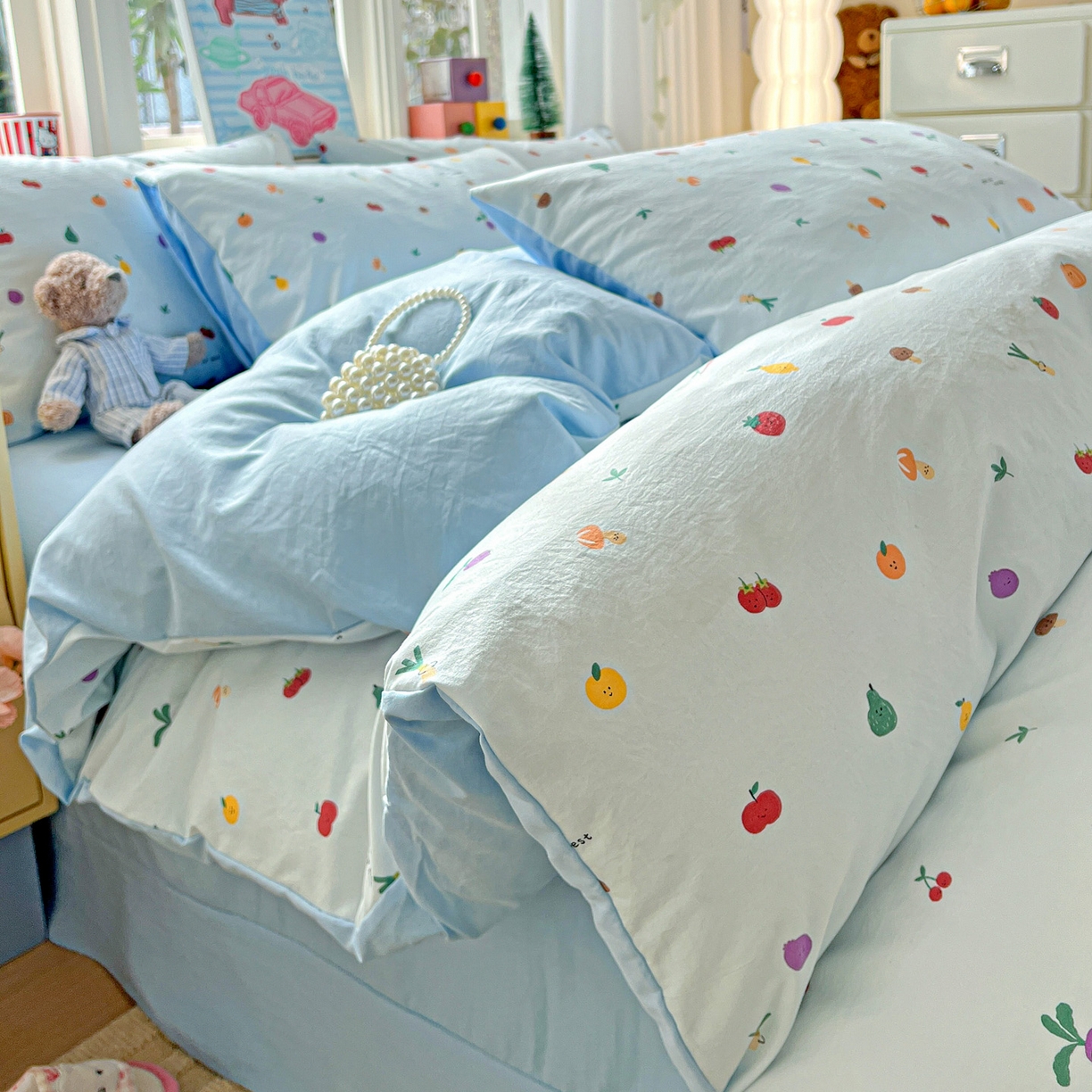 91家纺网 家纺一手货源 找家纺 弗苓家纺 2026新款古法水洗仿棉云感纱四件套小布袋 伊人