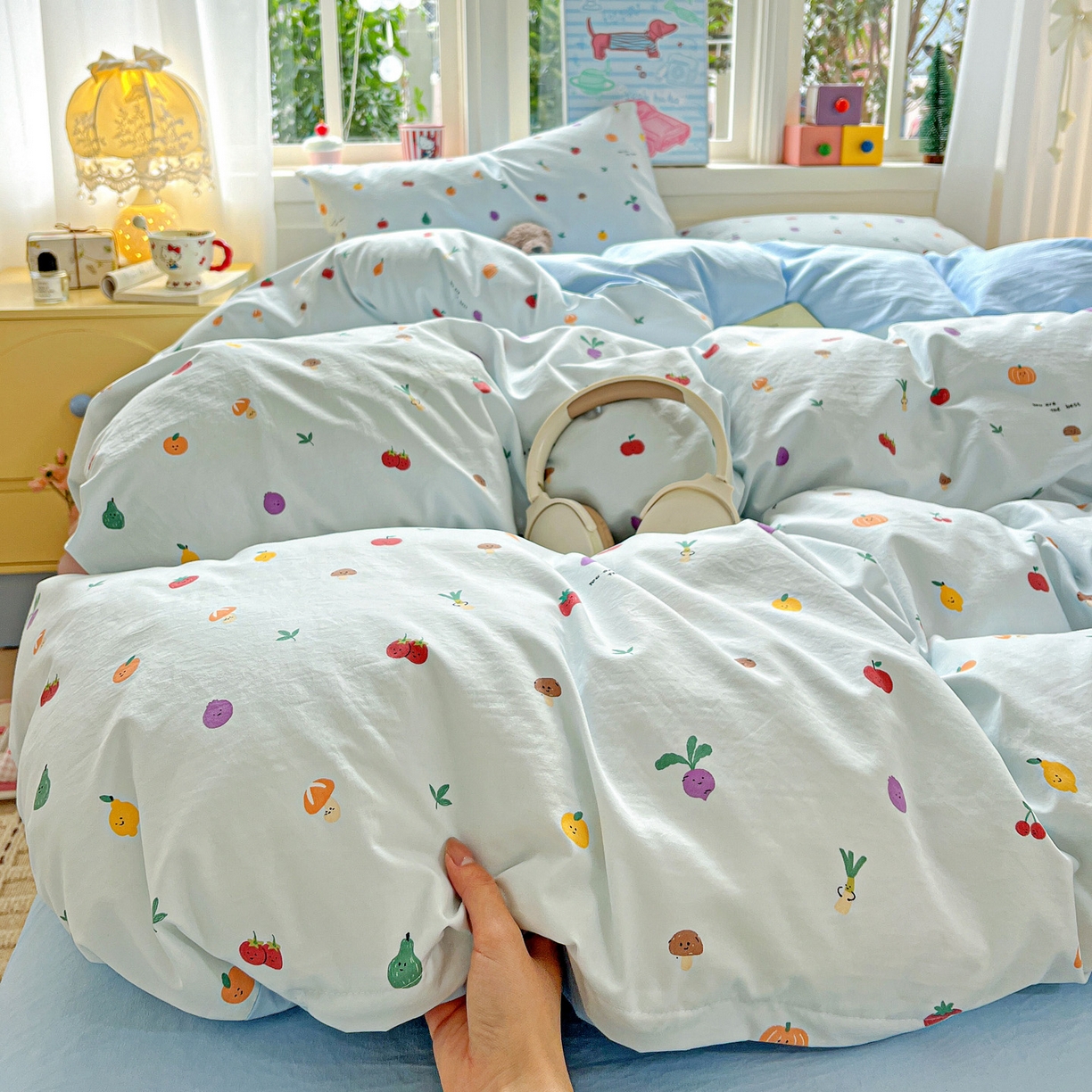 91家纺网 家纺一手货源 找家纺 弗苓家纺 2026新款古法水洗仿棉云感纱四件套小布袋 伊人