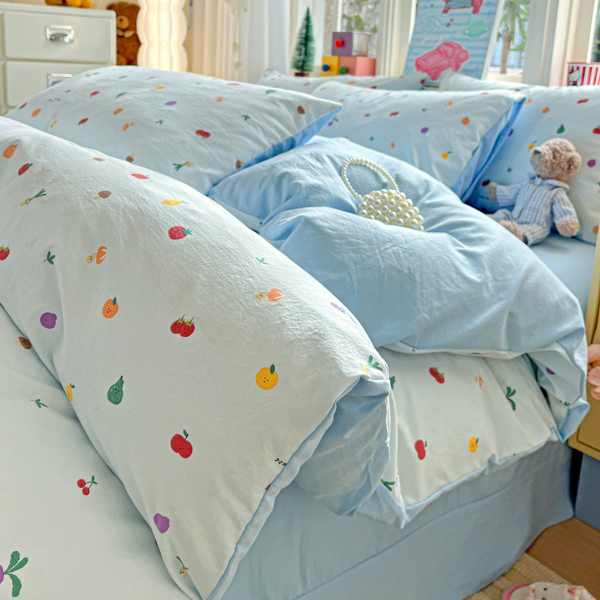 91家纺网 家纺一手货源 找家纺 弗苓家纺 2026新款古法水洗仿棉云感纱四件套小布袋 伊人