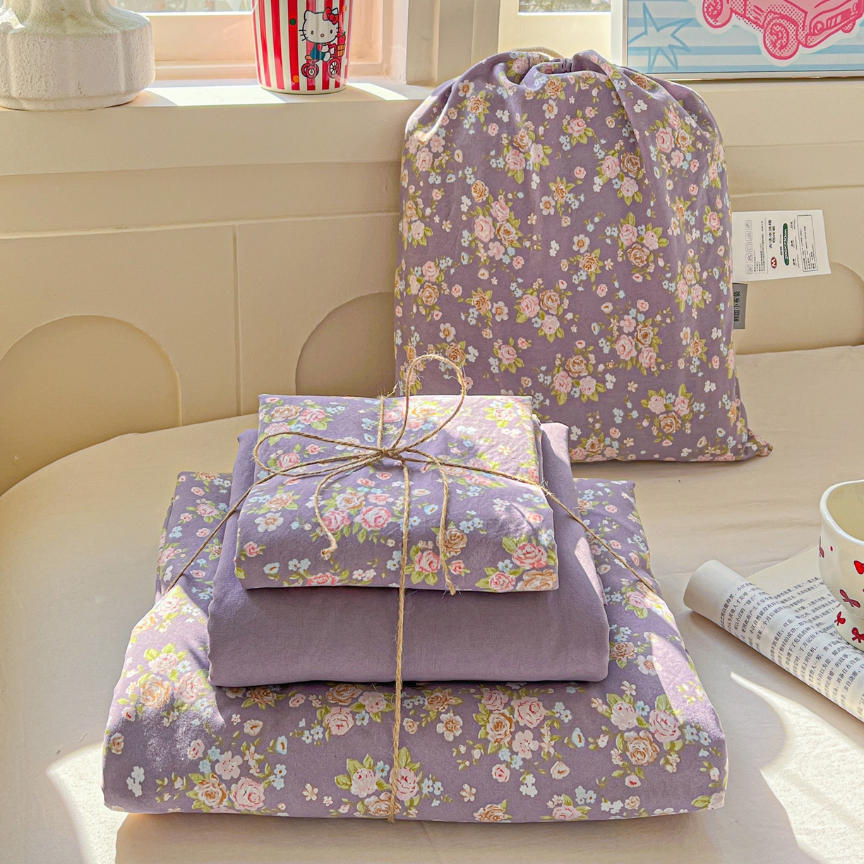 弗苓家纺 2026新款古法水洗仿棉云感纱四件套小布袋 紫萱