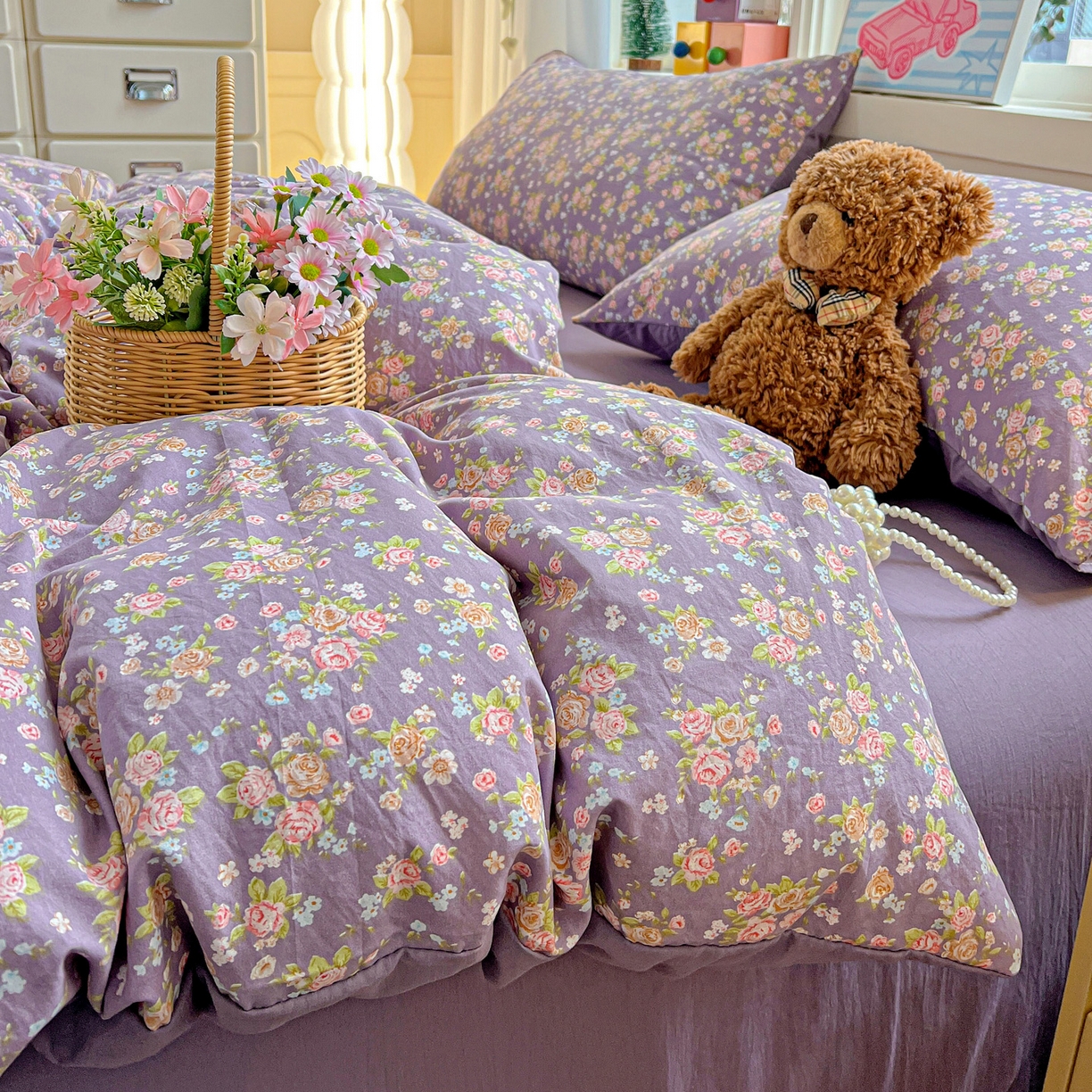 91家纺网 家纺一手货源 找家纺 弗苓家纺 2026新款古法水洗仿棉云感纱四件套小布袋 紫萱