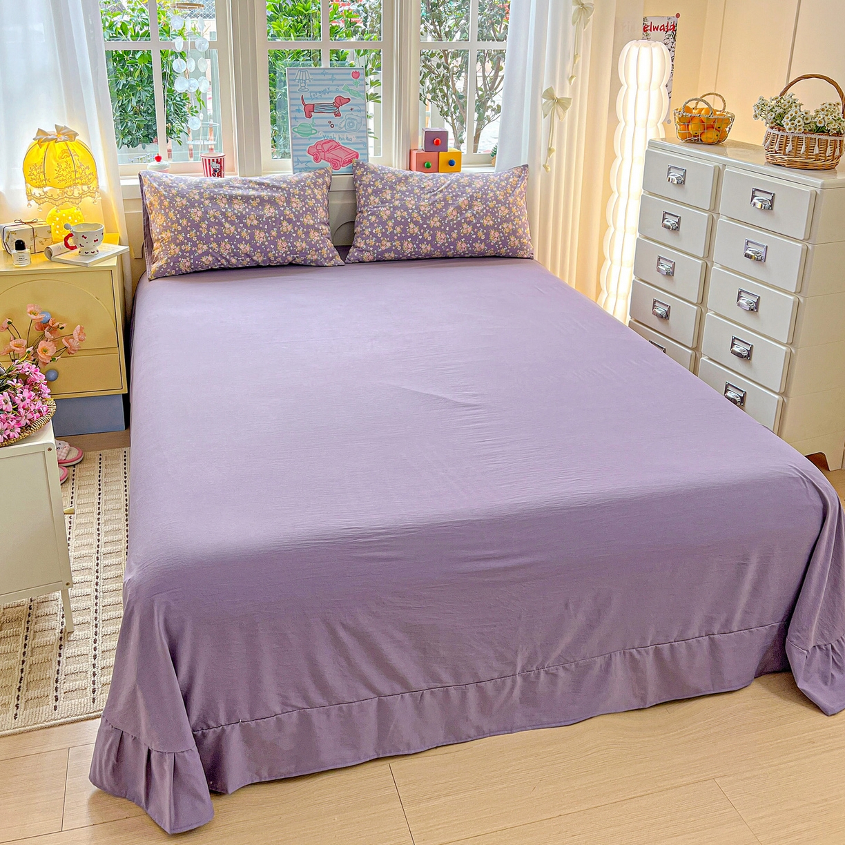 91家纺网 家纺一手货源 找家纺 弗苓家纺 2026新款古法水洗仿棉云感纱四件套小布袋 紫萱