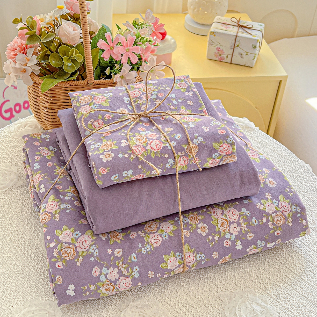 91家纺网 家纺一手货源 找家纺 弗苓家纺 2026新款古法水洗仿棉云感纱四件套小布袋 紫萱