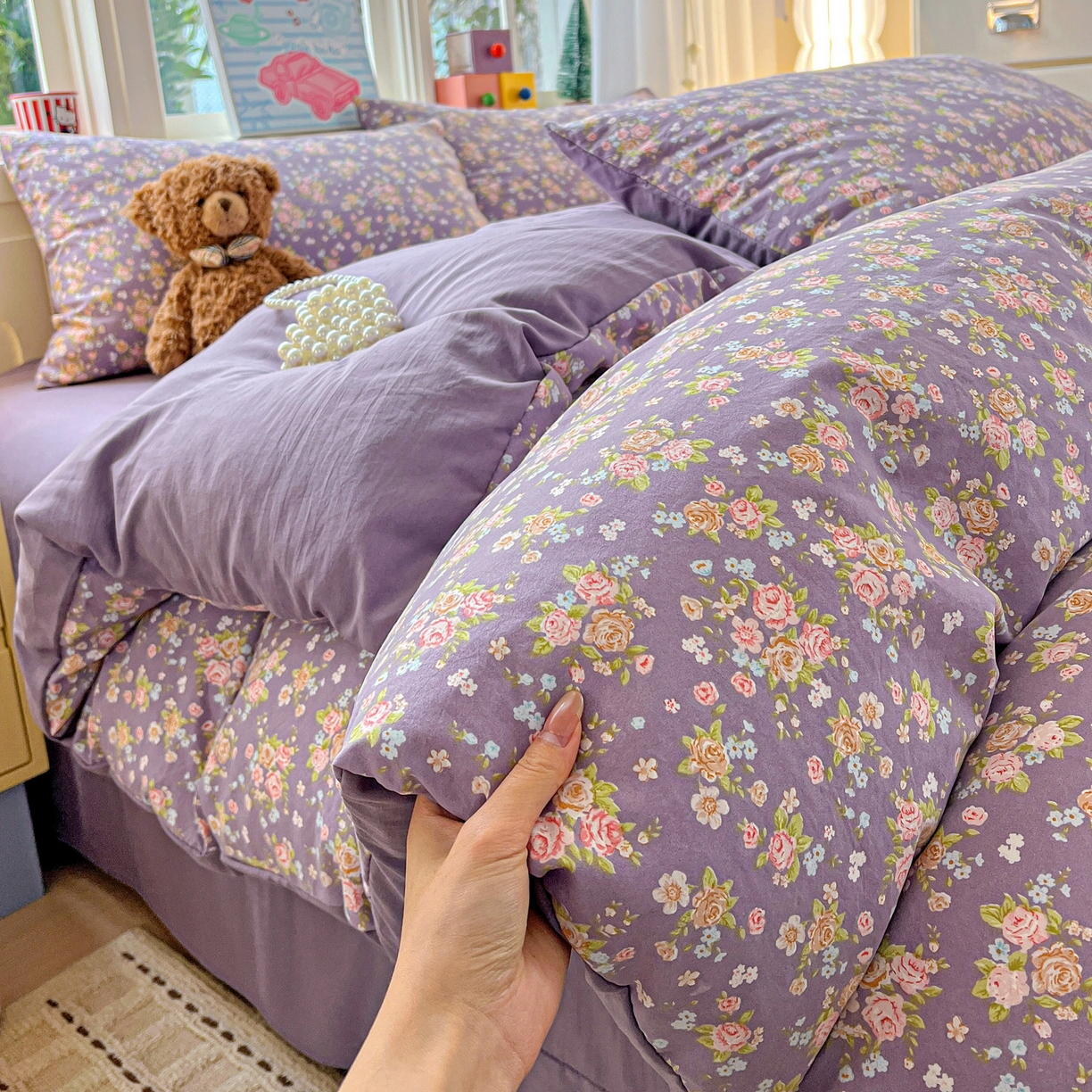 91家纺网 家纺一手货源 找家纺 弗苓家纺 2026新款古法水洗仿棉云感纱四件套小布袋 紫萱