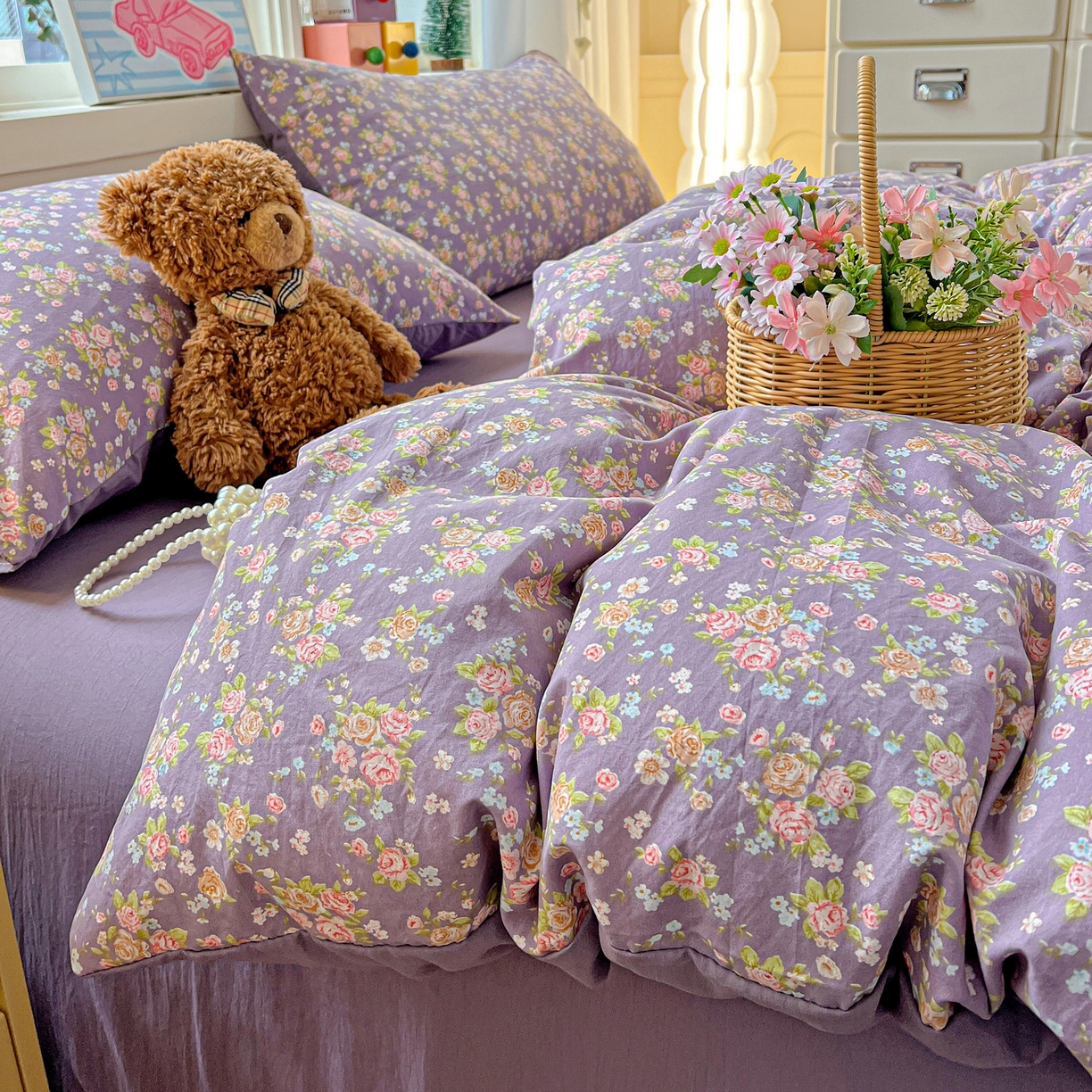 91家纺网 家纺一手货源 找家纺 弗苓家纺 2026新款古法水洗仿棉云感纱四件套小布袋 紫萱