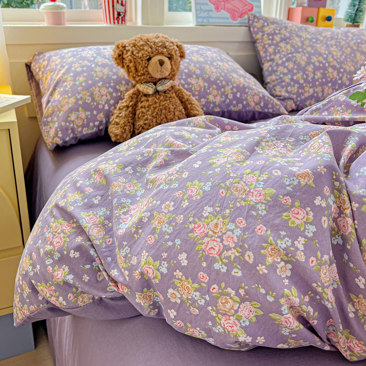 91家纺网 家纺一手货源 找家纺 弗苓家纺 2026新款古法水洗仿棉云感纱四件套小布袋 紫萱