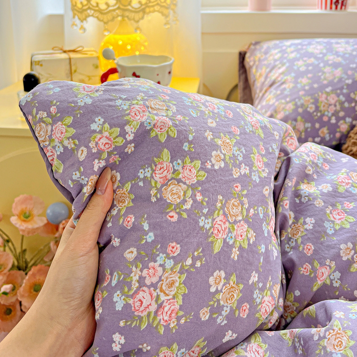 91家纺网 家纺一手货源 找家纺 弗苓家纺 2026新款古法水洗仿棉云感纱四件套小布袋 紫萱