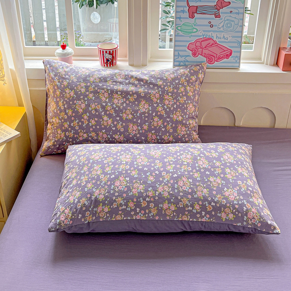 91家纺网 家纺一手货源 找家纺 弗苓家纺 2026新款古法水洗仿棉云感纱四件套小布袋 紫萱