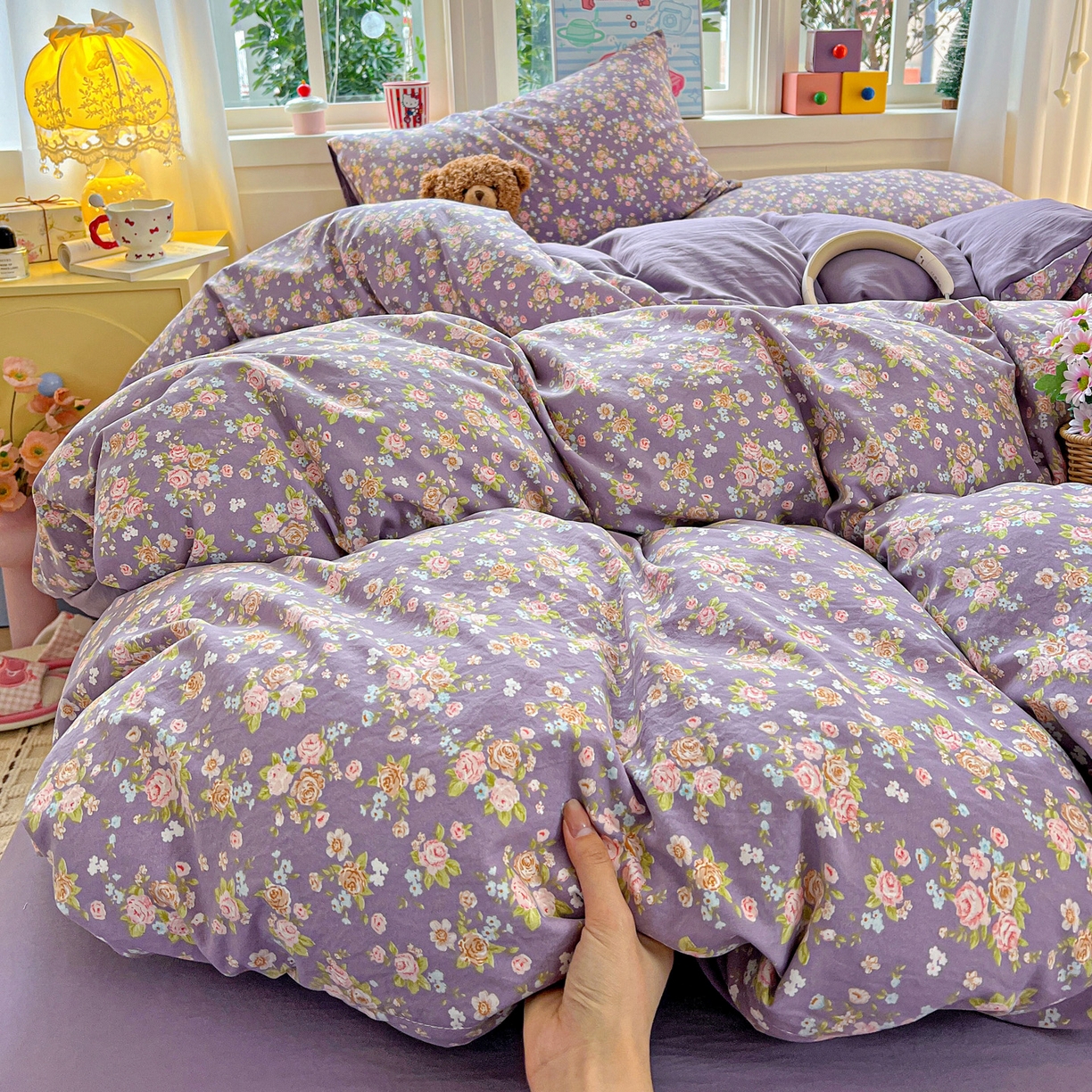 91家纺网 家纺一手货源 找家纺 弗苓家纺 2026新款古法水洗仿棉云感纱四件套小布袋 紫萱