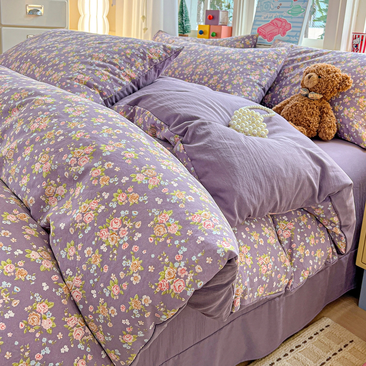 91家纺网 家纺一手货源 找家纺 弗苓家纺 2026新款古法水洗仿棉云感纱四件套小布袋 紫萱