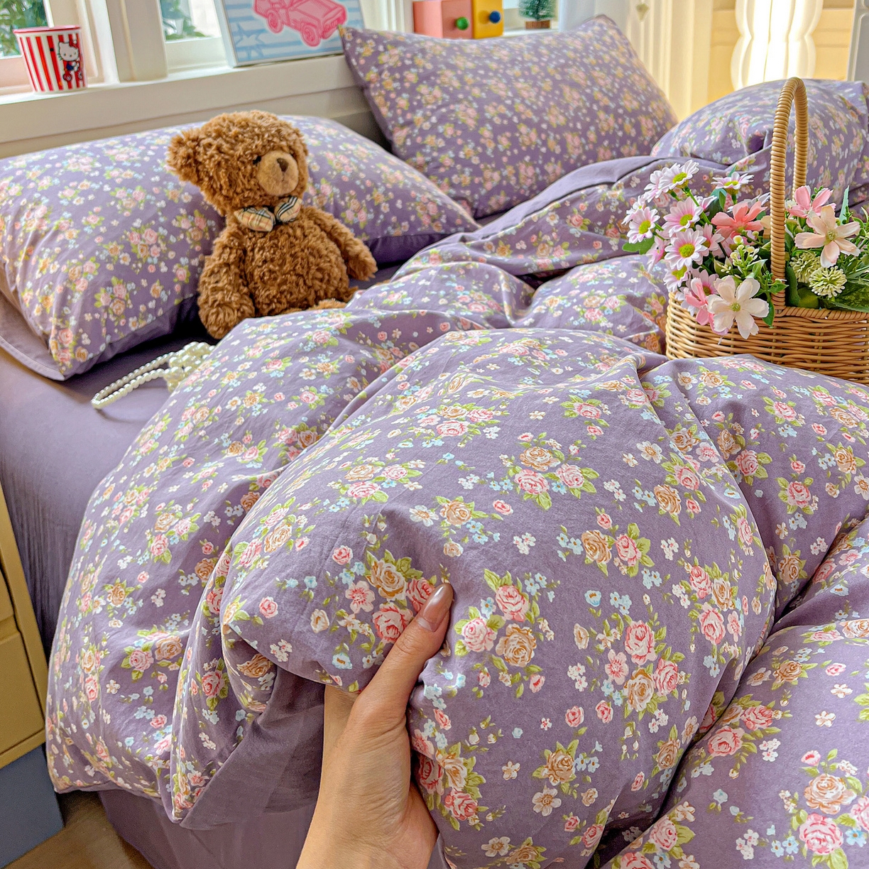 91家纺网 家纺一手货源 找家纺 弗苓家纺 2026新款古法水洗仿棉云感纱四件套小布袋 紫萱