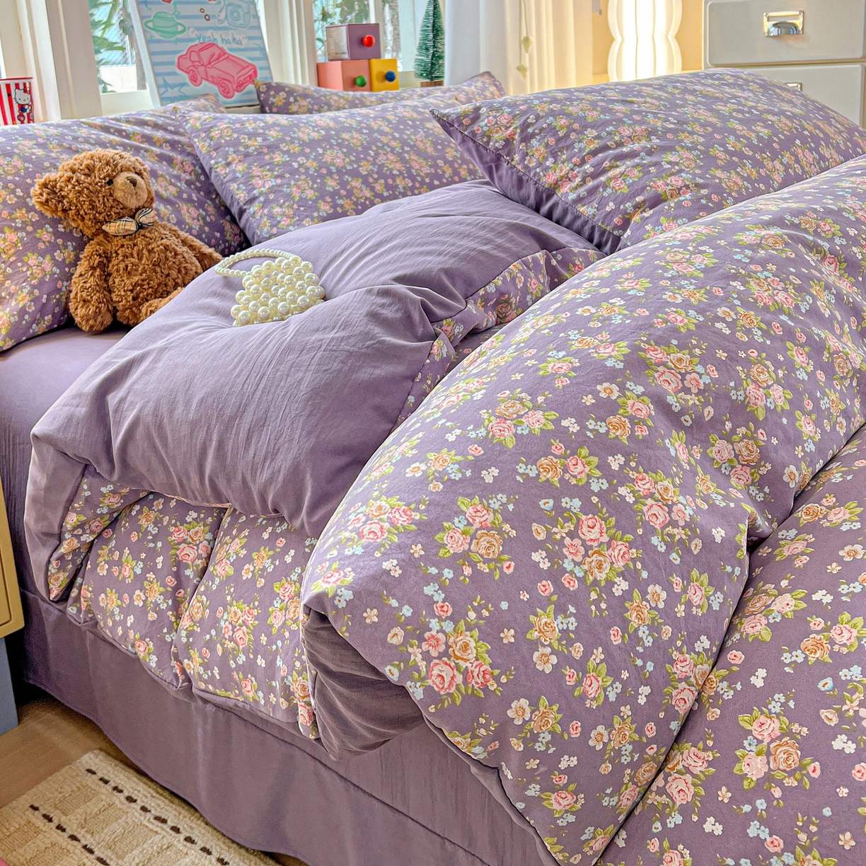 91家纺网 家纺一手货源 找家纺 弗苓家纺 2026新款古法水洗仿棉云感纱四件套小布袋 紫萱