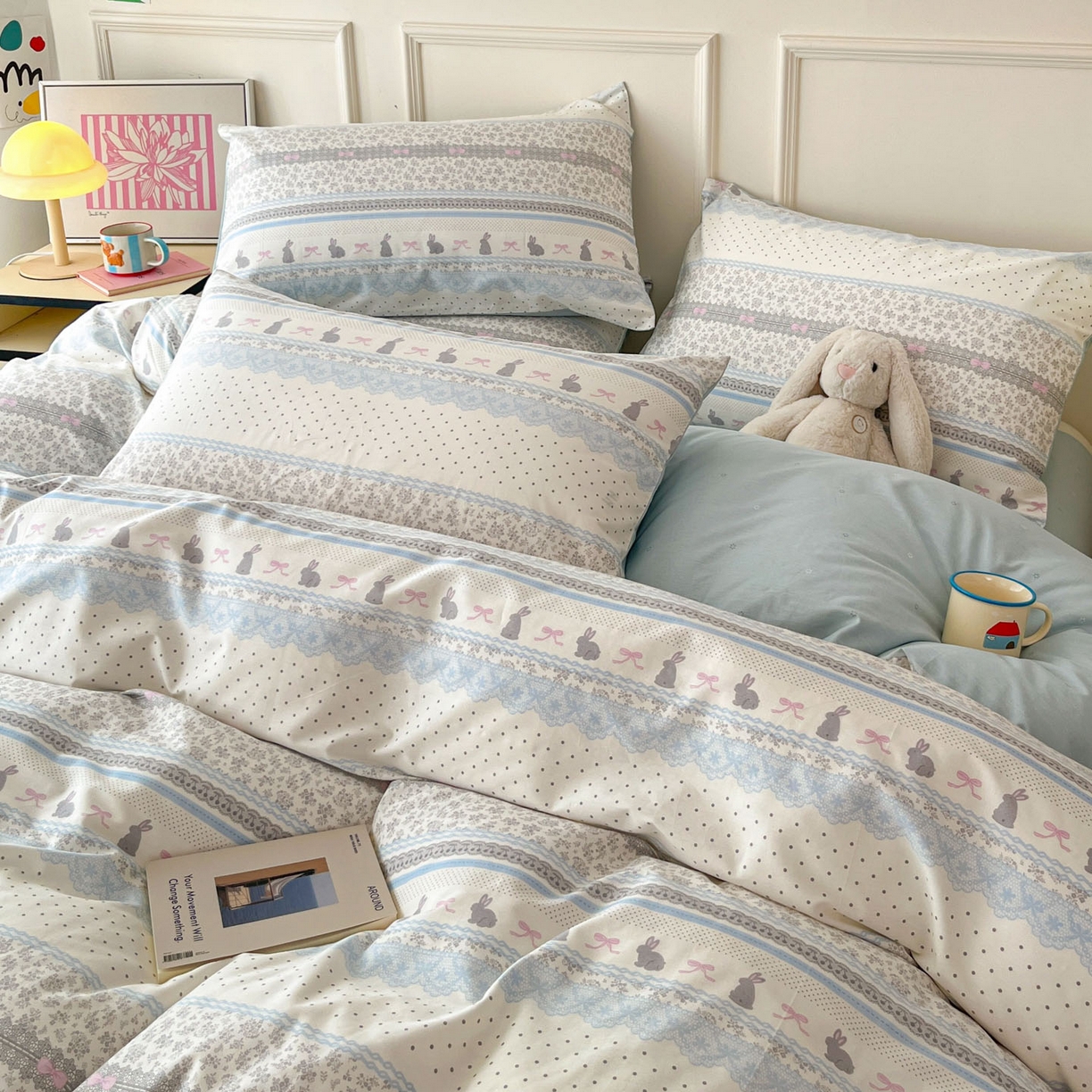 91家纺网 家纺一手货源 找家纺 西引力 2026新款40S全棉斜纹印花四件套 花边兔