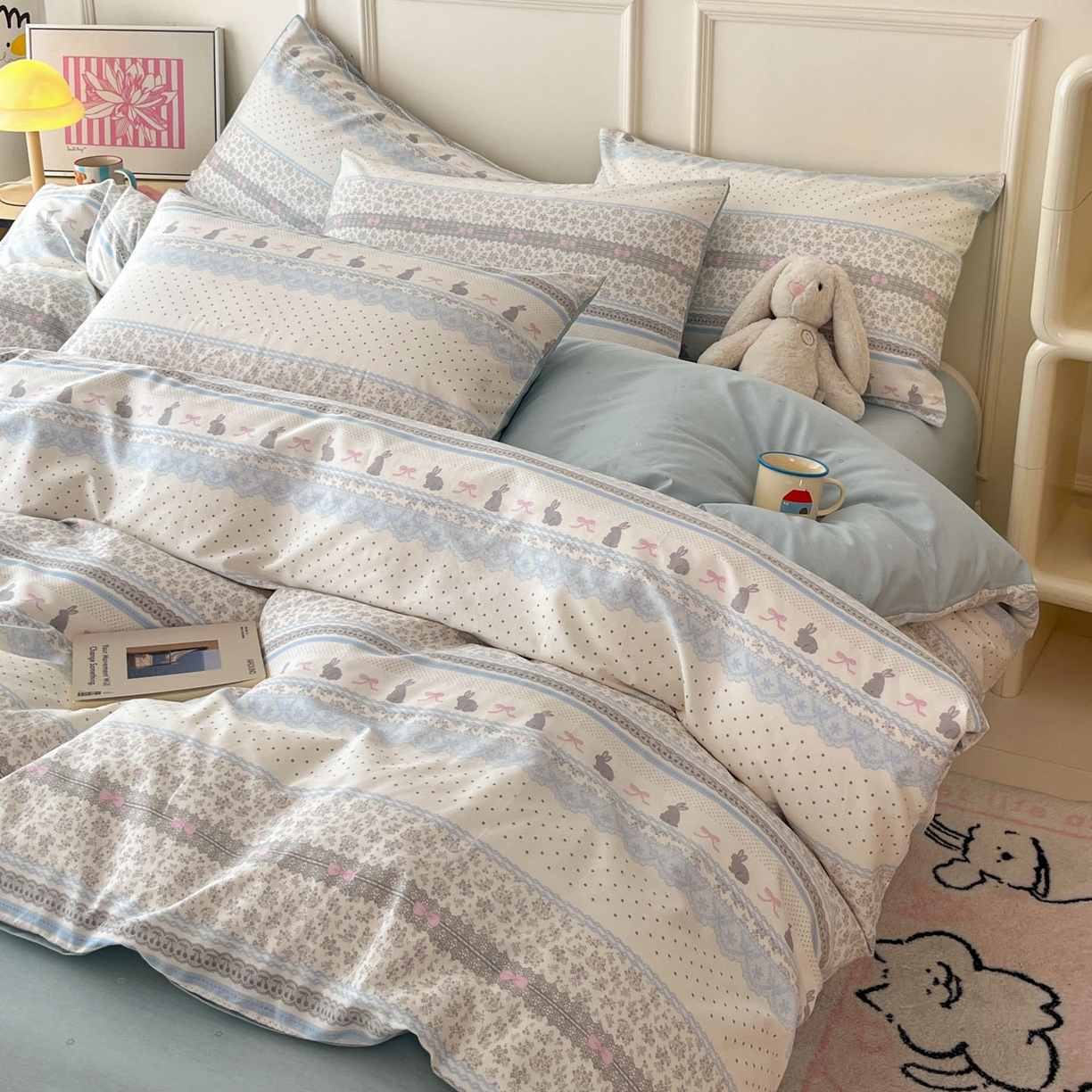 91家纺网 家纺一手货源 找家纺 西引力 2026新款40S全棉斜纹印花四件套 花边兔