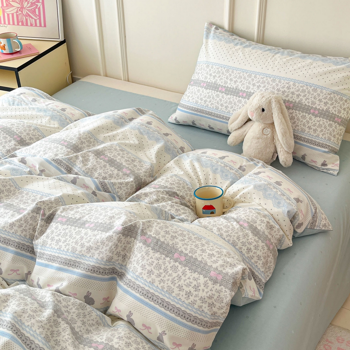 91家纺网 家纺一手货源 找家纺 西引力 2026新款40S全棉斜纹印花四件套 花边兔