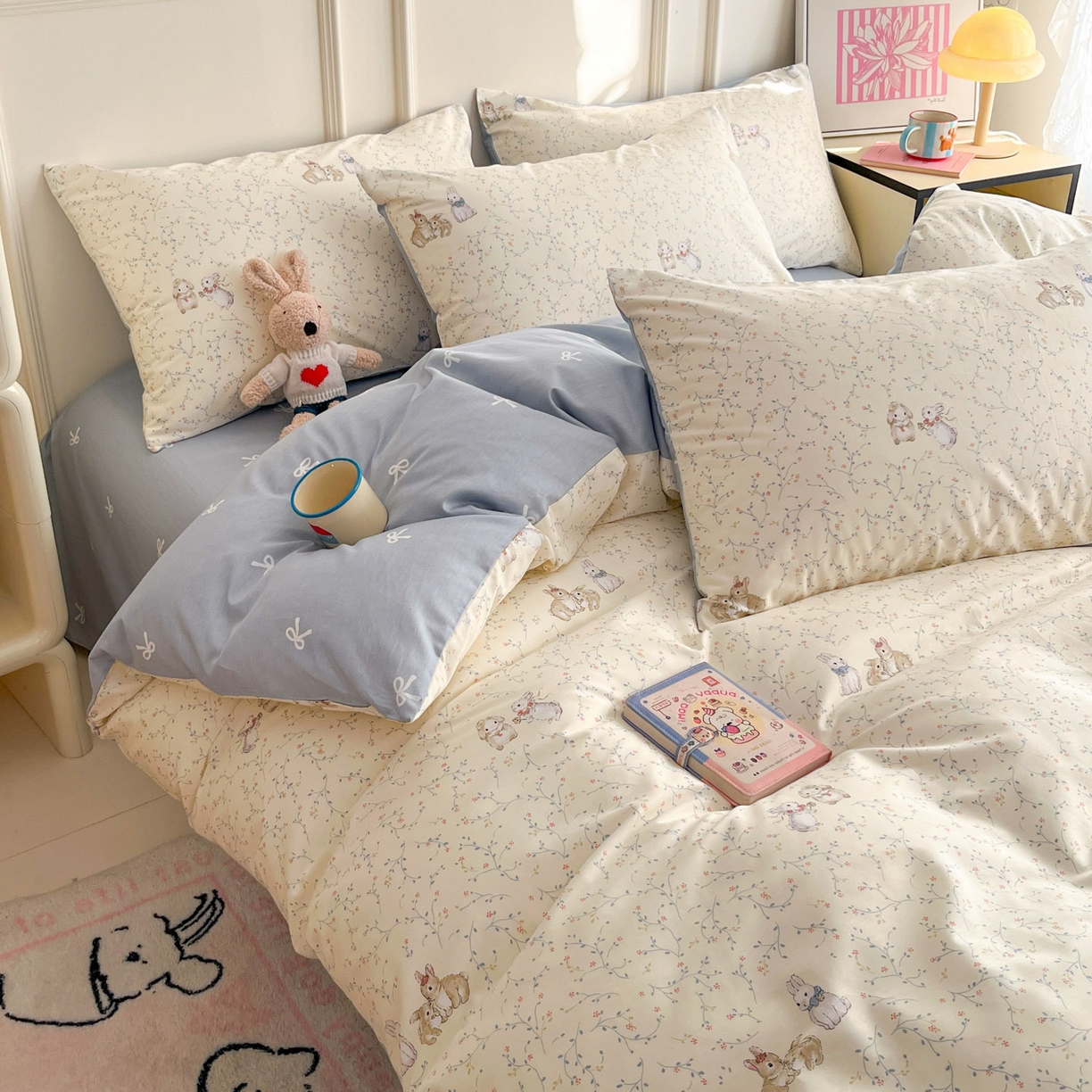 91家纺网 家纺一手货源 找家纺 西引力 2026新款40S全棉斜纹印花四件套 花枝兔