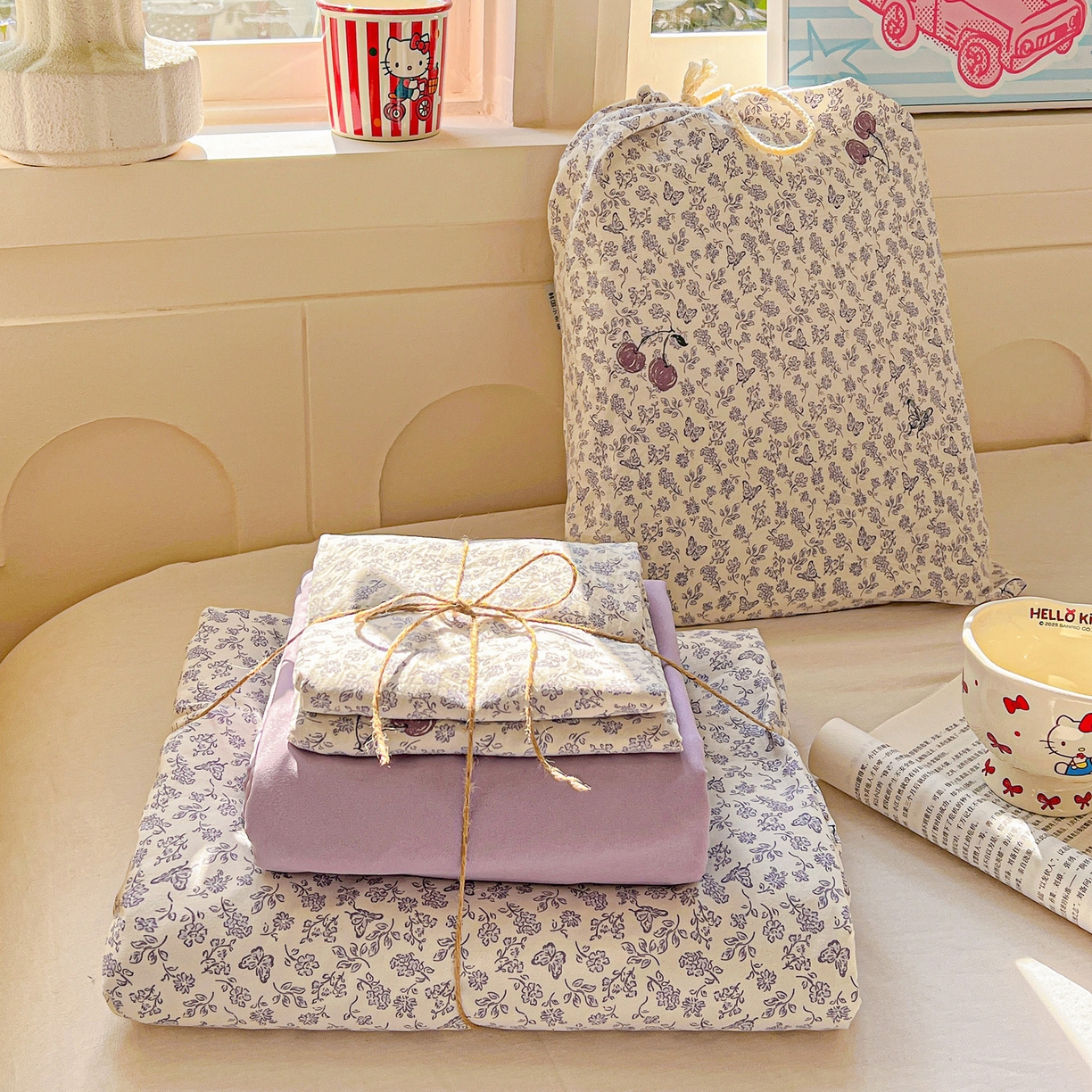 弗苓家纺 2026新款古法水洗仿棉云感纱四件套小布袋 紫樱桃