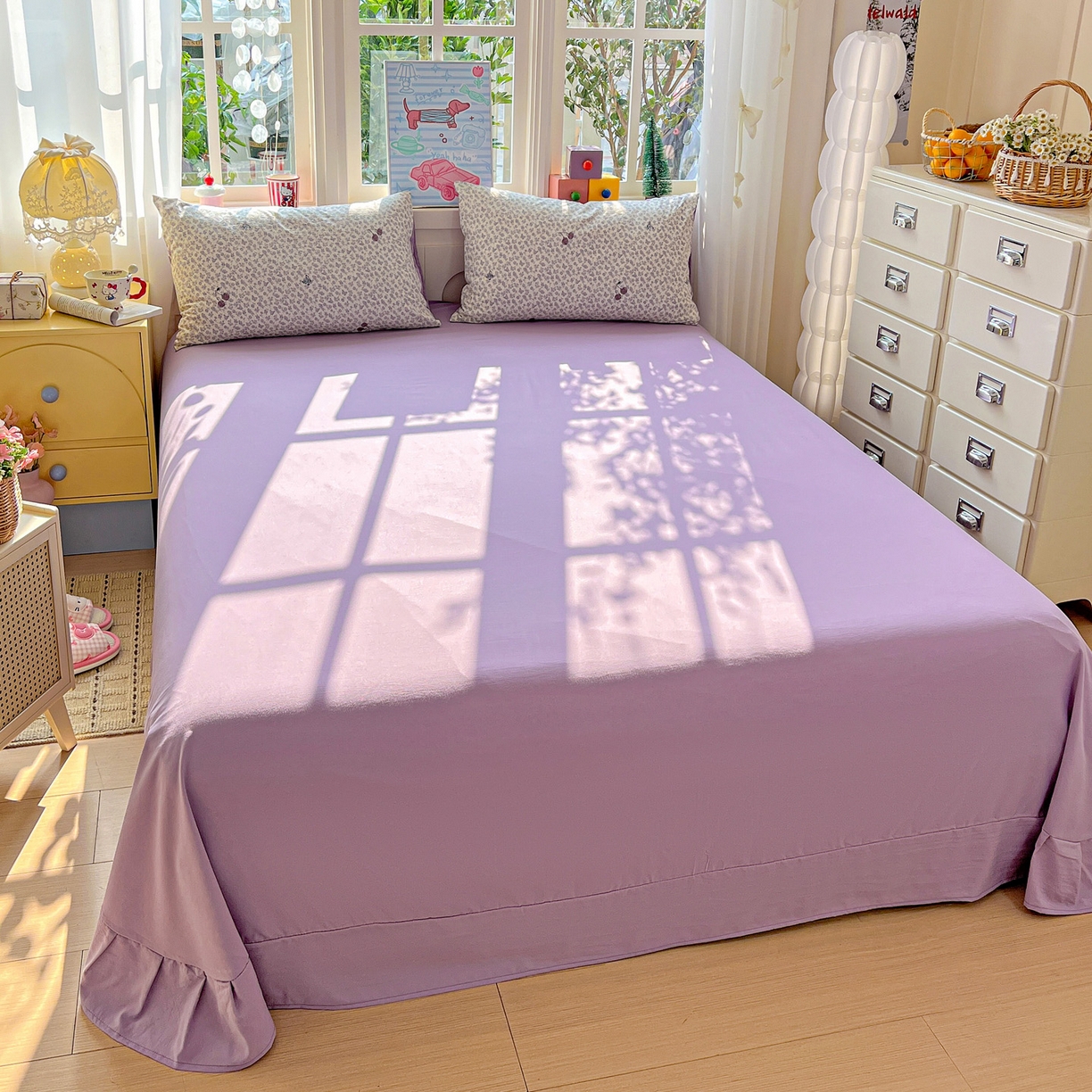 91家纺网 家纺一手货源 找家纺 弗苓家纺 2026新款古法水洗仿棉云感纱四件套小布袋 紫樱桃