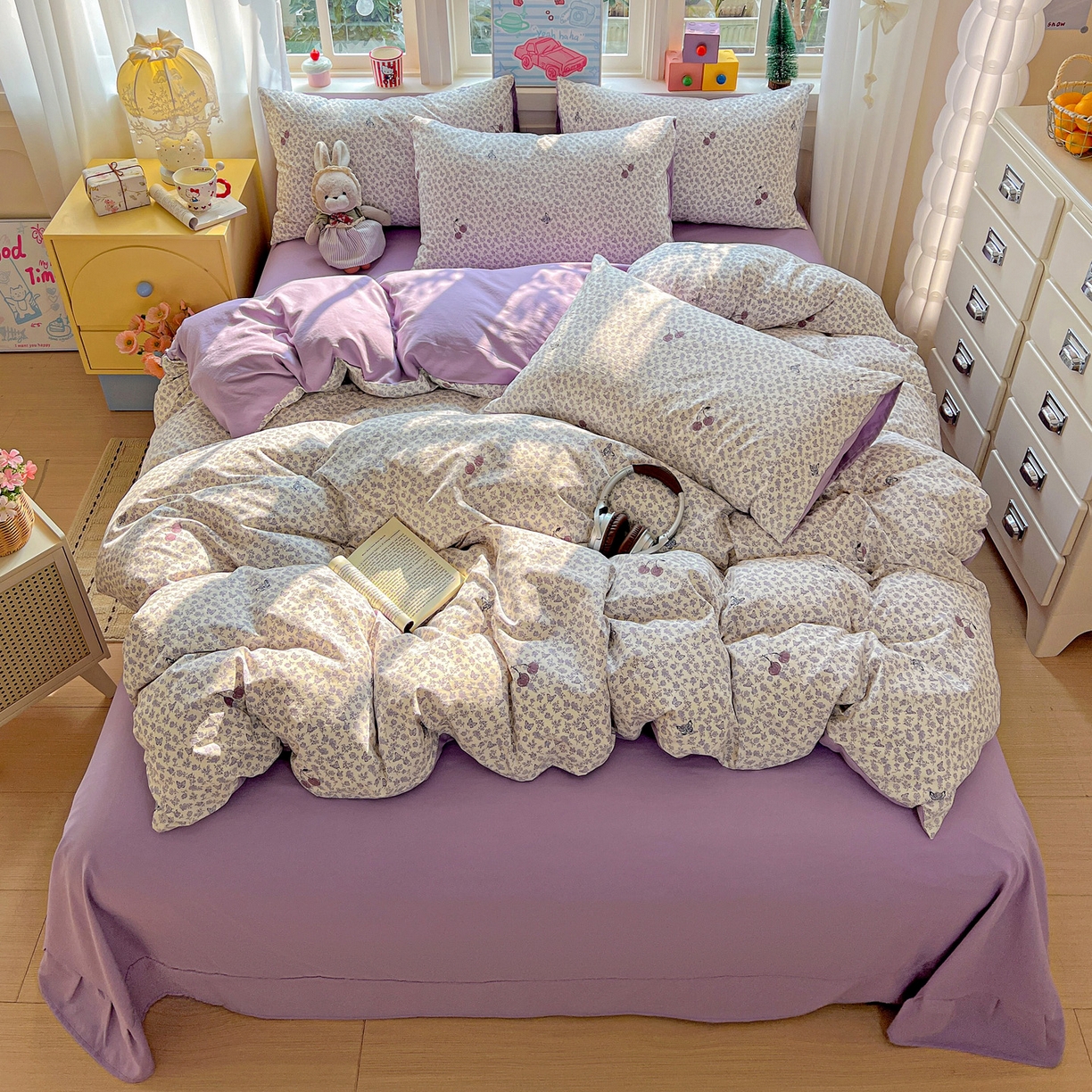 91家纺网 家纺一手货源 找家纺 弗苓家纺 2026新款古法水洗仿棉云感纱四件套小布袋 紫樱桃