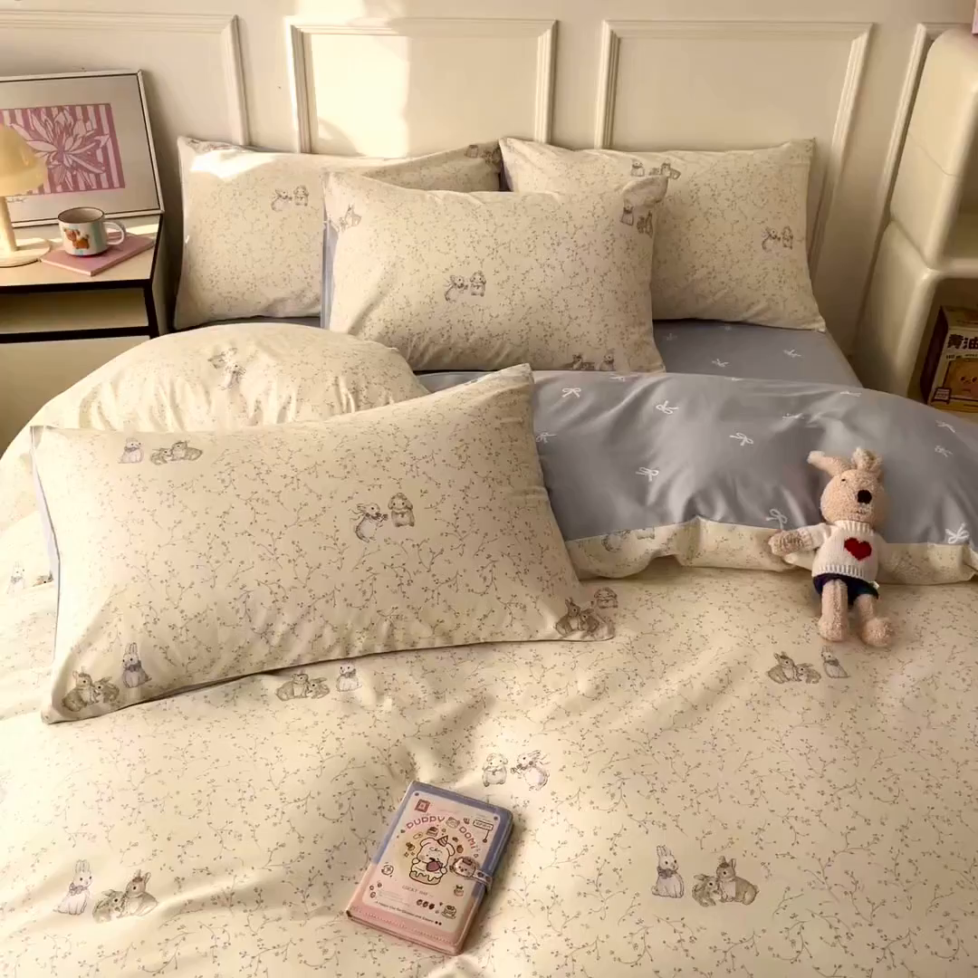 91家纺网 家纺一手货源 找家纺 西引力 2026新款40S全棉斜纹印花四件套 花枝兔