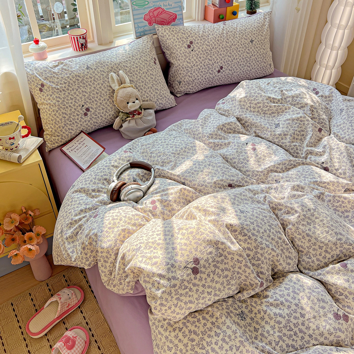 91家纺网 家纺一手货源 找家纺 弗苓家纺 2026新款古法水洗仿棉云感纱四件套小布袋 紫樱桃