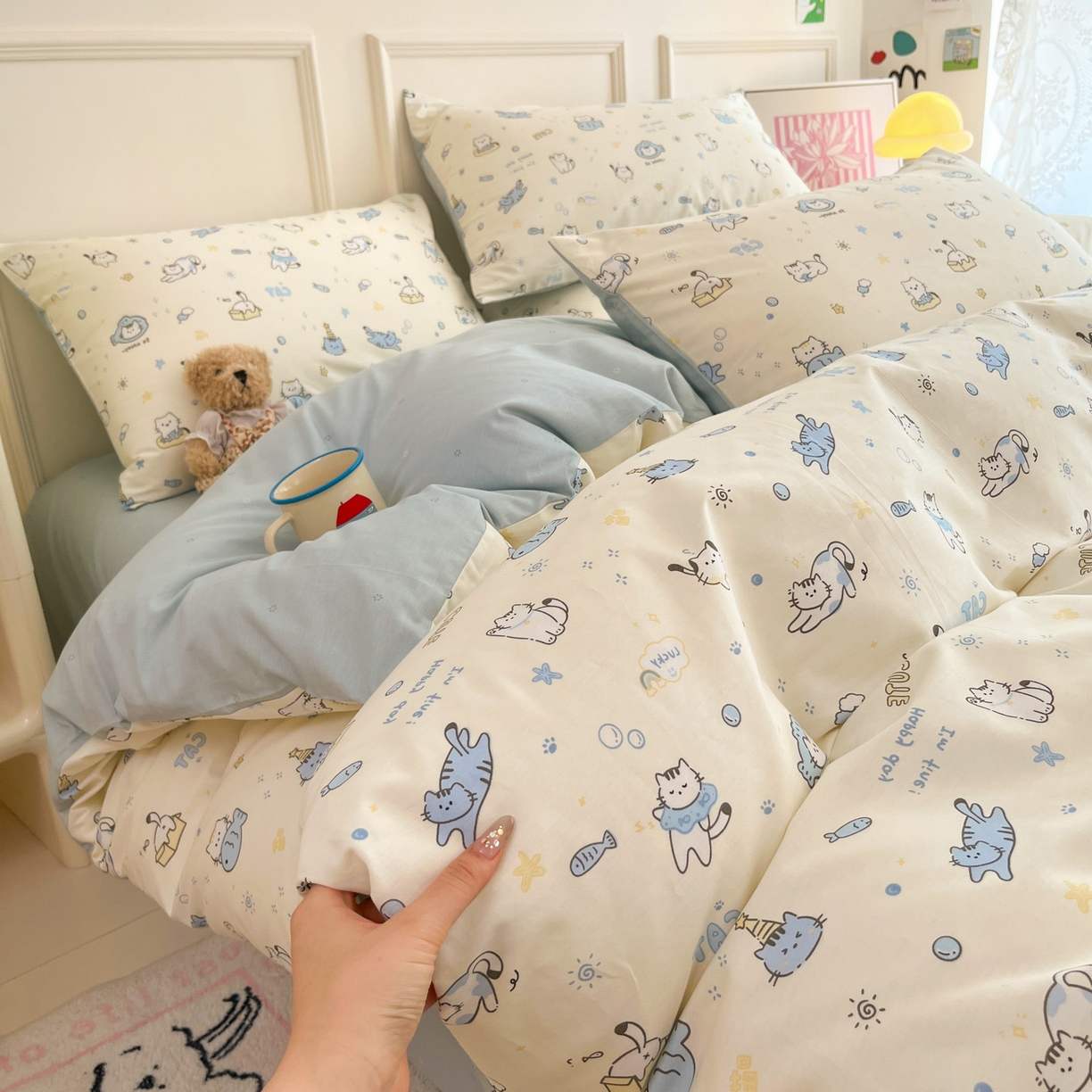 西引力 2026新款40S全棉斜纹印花四件套 猫吃鱼