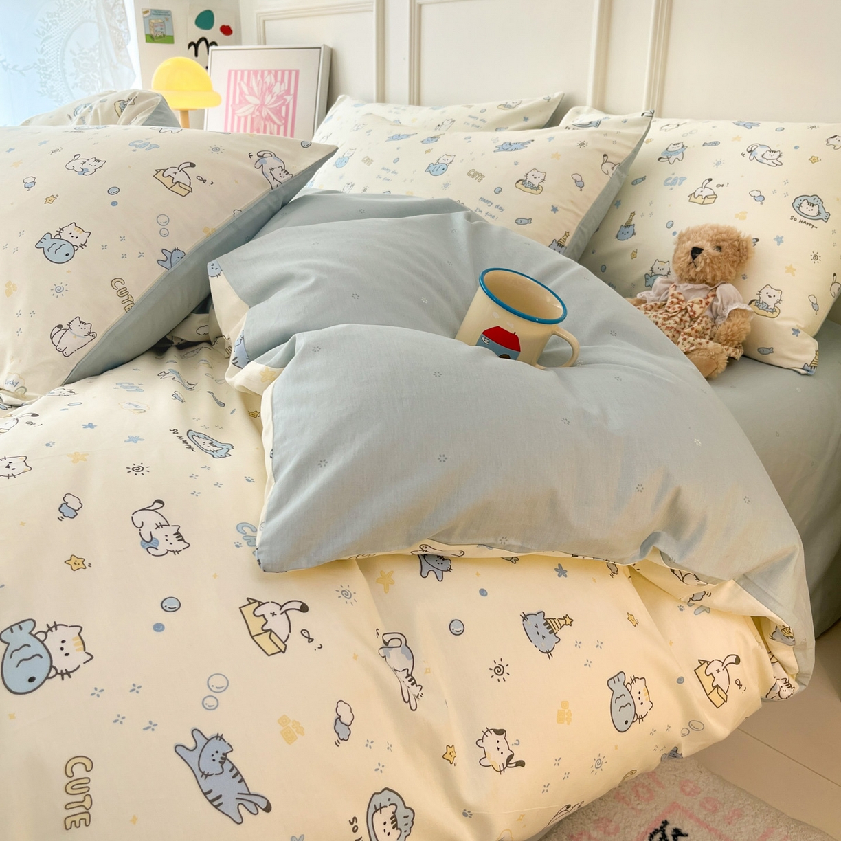 91家纺网 家纺一手货源 找家纺 西引力 2026新款40S全棉斜纹印花四件套 猫吃鱼