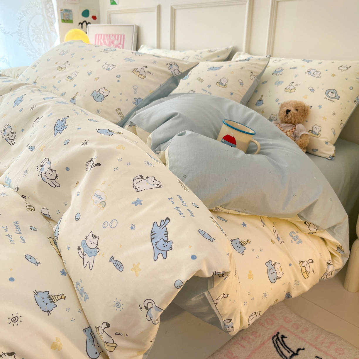 91家纺网 家纺一手货源 找家纺 西引力 2026新款40S全棉斜纹印花四件套 猫吃鱼