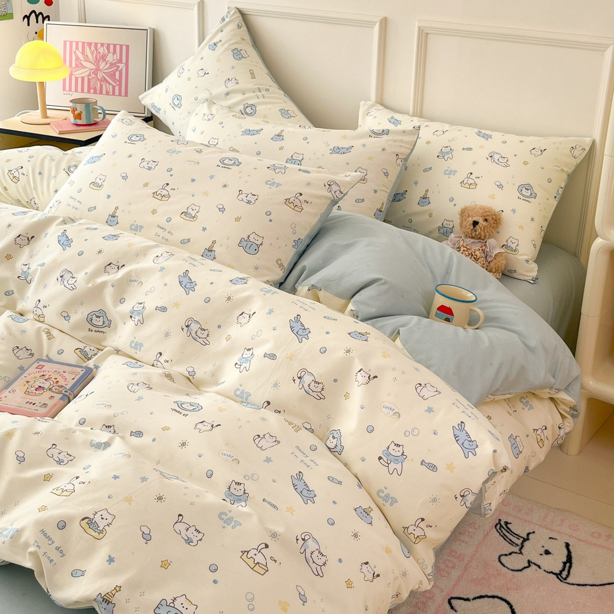 91家纺网 家纺一手货源 找家纺 西引力 2026新款40S全棉斜纹印花四件套 猫吃鱼