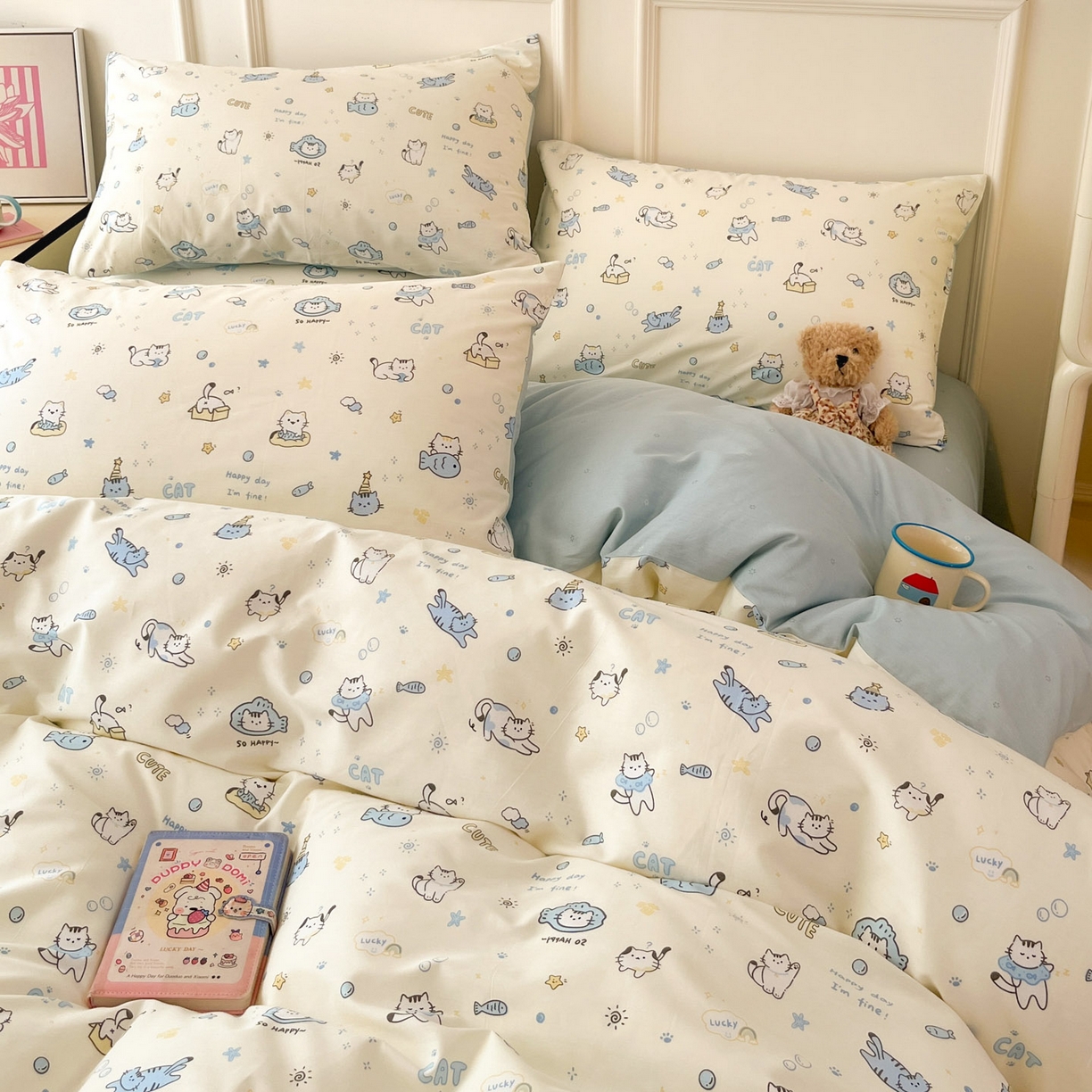 91家纺网 家纺一手货源 找家纺 西引力 2026新款40S全棉斜纹印花四件套 猫吃鱼