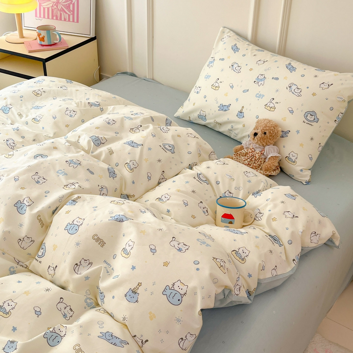 91家纺网 家纺一手货源 找家纺 西引力 2026新款40S全棉斜纹印花四件套 猫吃鱼