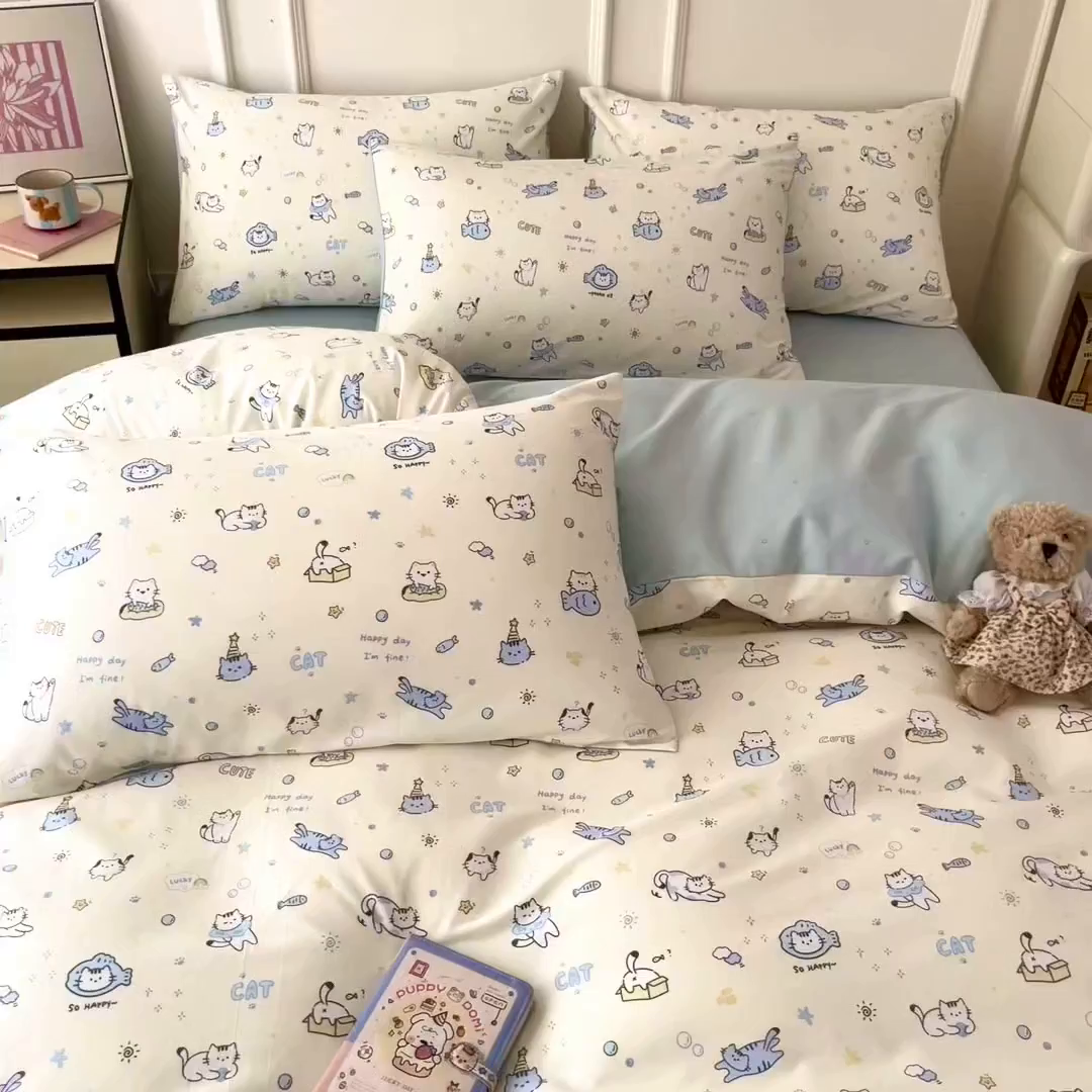 91家纺网 家纺一手货源 找家纺 西引力 2026新款40S全棉斜纹印花四件套 猫吃鱼