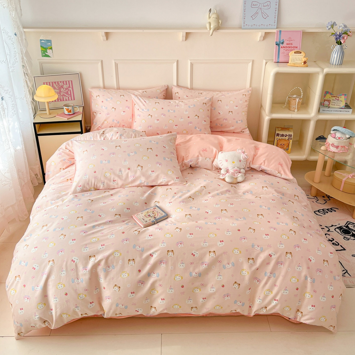 91家纺网 家纺一手货源 找家纺 西引力 2026新款40S全棉斜纹印花四件套 糖果猫-粉