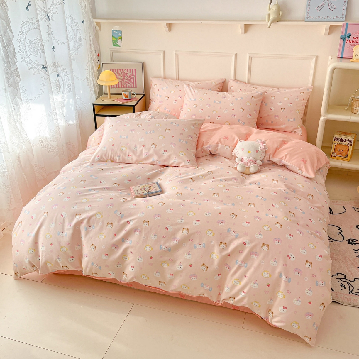 91家纺网 家纺一手货源 找家纺 西引力 2026新款40S全棉斜纹印花四件套 糖果猫-粉