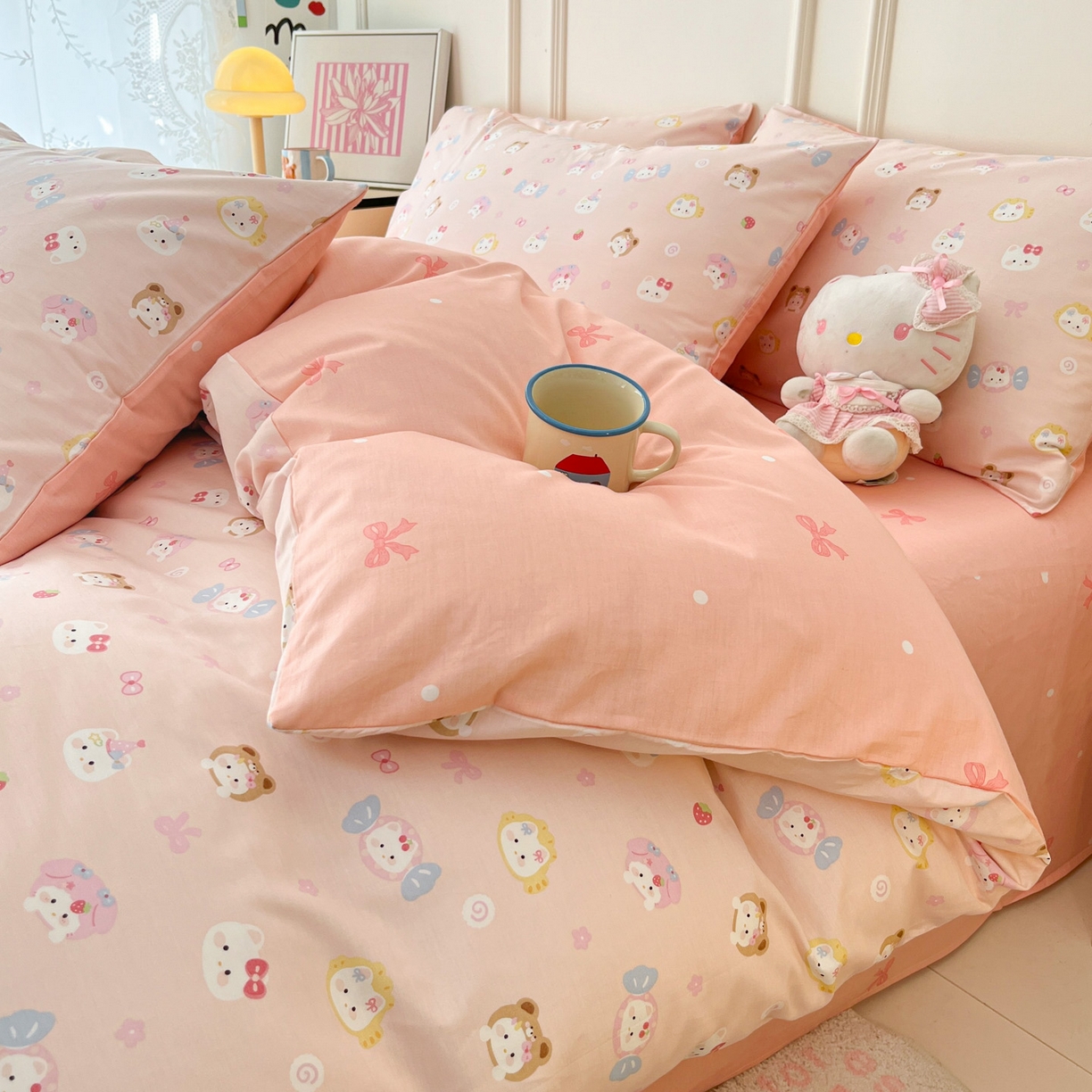 91家纺网 家纺一手货源 找家纺 西引力 2026新款40S全棉斜纹印花四件套 糖果猫-粉