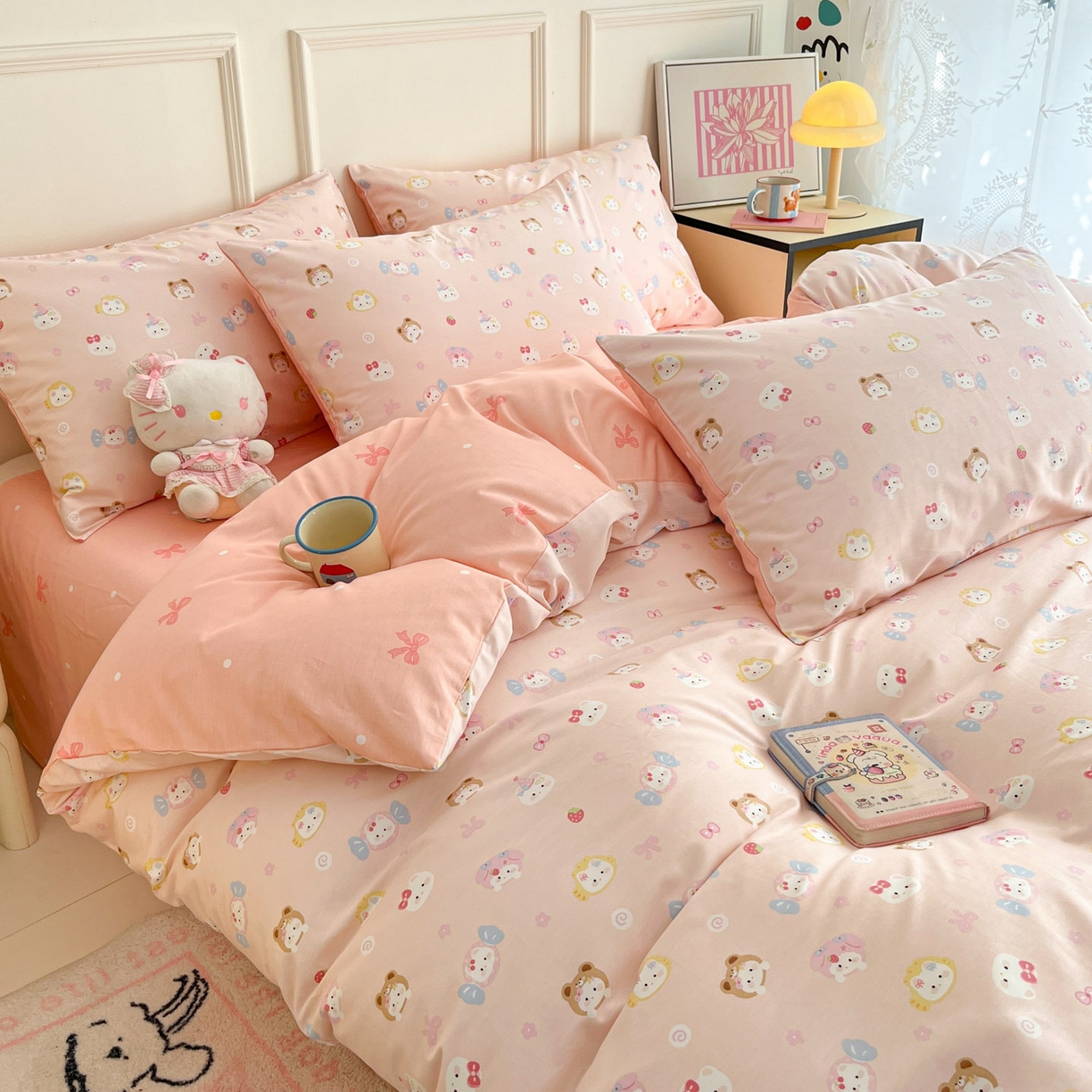 91家纺网 家纺一手货源 找家纺 西引力 2026新款40S全棉斜纹印花四件套 糖果猫-粉