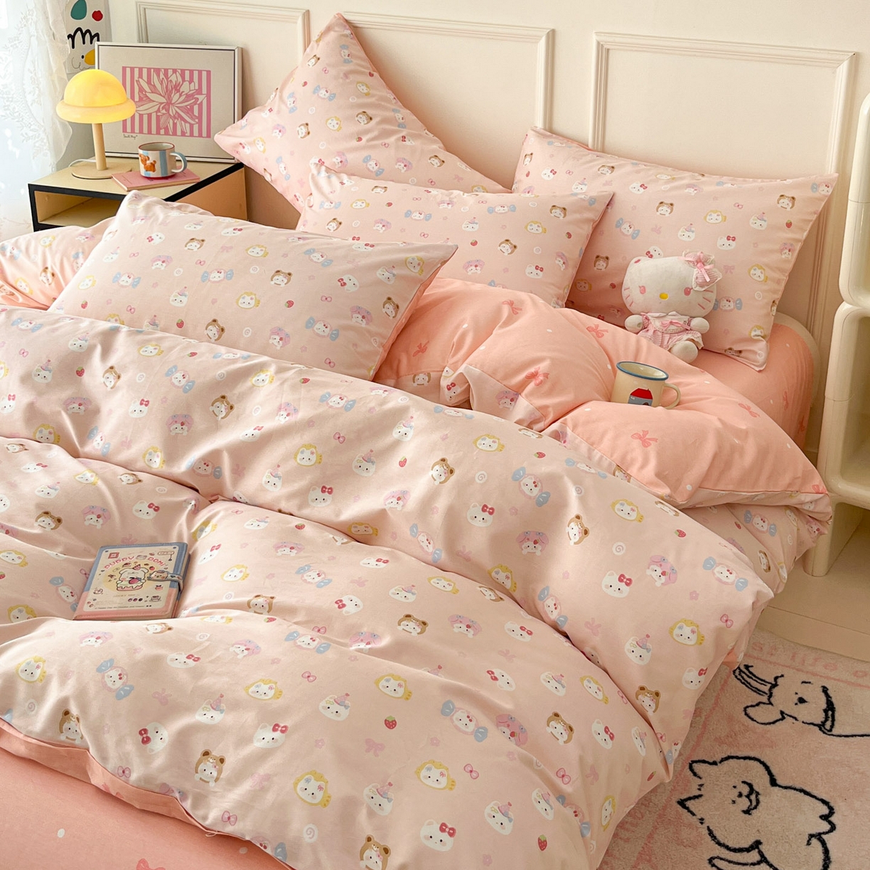 91家纺网 家纺一手货源 找家纺 西引力 2026新款40S全棉斜纹印花四件套 糖果猫-粉