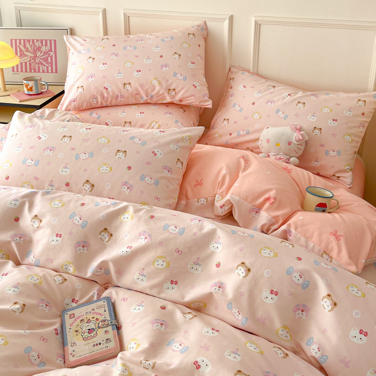 91家纺网 家纺一手货源 找家纺 西引力 2026新款40S全棉斜纹印花四件套 糖果猫-粉