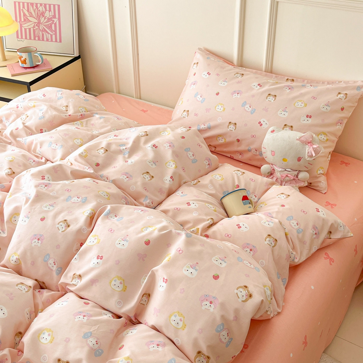 91家纺网 家纺一手货源 找家纺 西引力 2026新款40S全棉斜纹印花四件套 糖果猫-粉