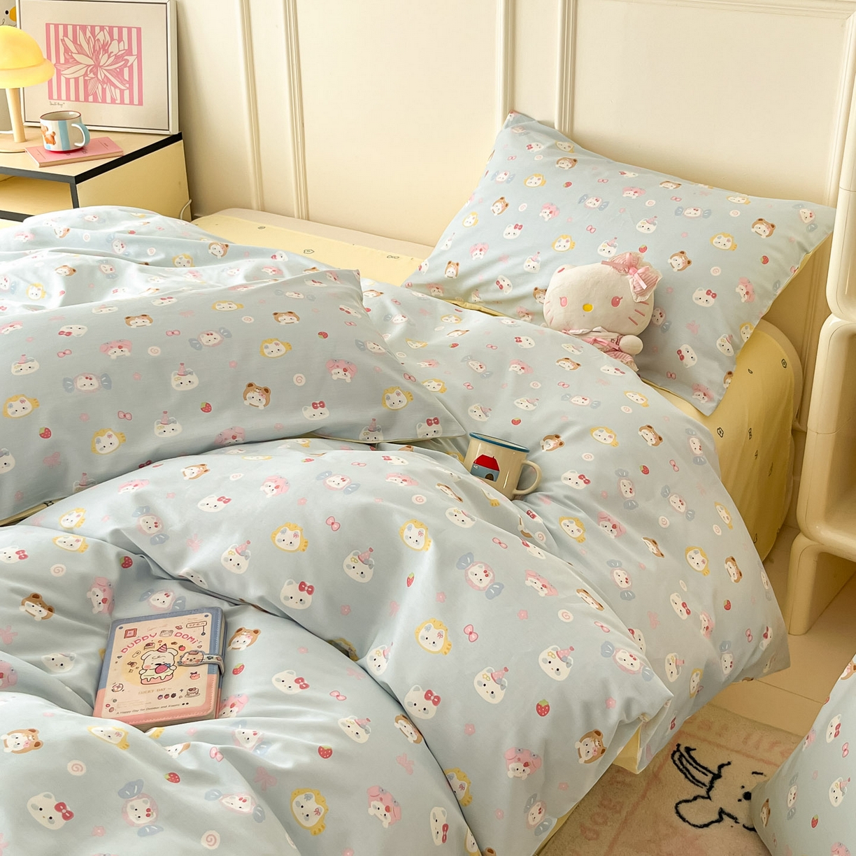 91家纺网 家纺一手货源 找家纺 西引力 2026新款40S全棉斜纹印花四件套 糖果猫-蓝