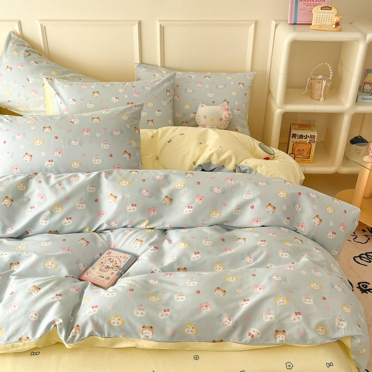 91家纺网 家纺一手货源 找家纺 西引力 2026新款40S全棉斜纹印花四件套 糖果猫-蓝